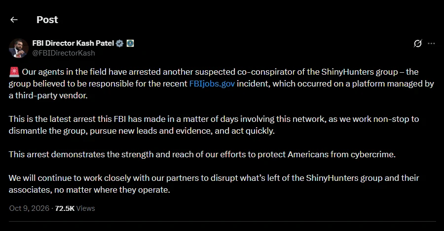 FBI Tangkap Suspek ShinyHunters yang Terlibat Peretasan Portal Lowongan Kerja